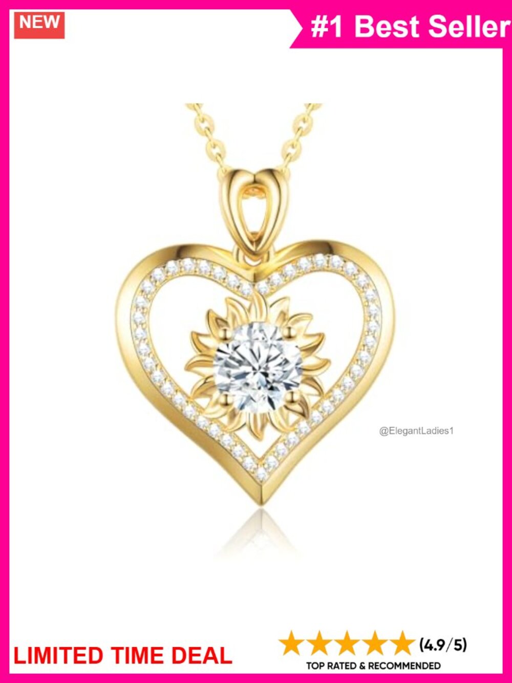 Moissanite Sunflower Heart Necklace Sterling Silver Plated Yellow Gold 17+3"